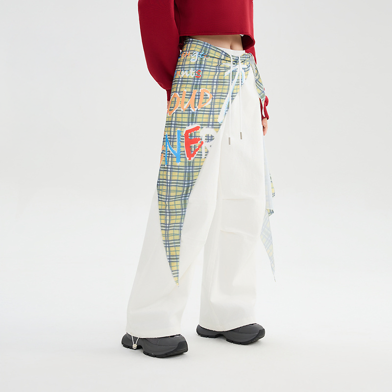 Women's White Wide-Leg Pants with Plaid Overlay