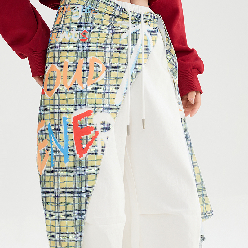 Women's White Wide-Leg Pants with Plaid Overlay