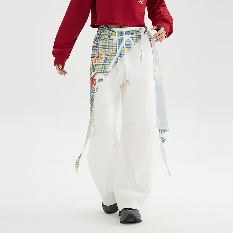 Women's White Wide-Leg Pants with Plaid Overlay