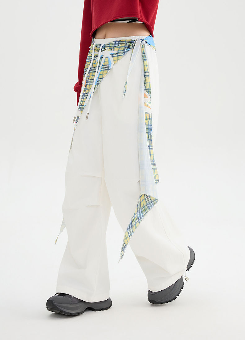 Women's White Wide-Leg Pants with Plaid Overlay