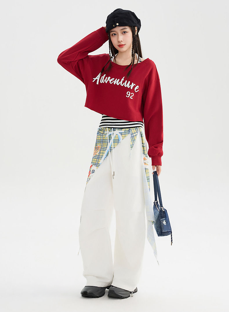 Women's White Wide-Leg Pants with Plaid Overlay